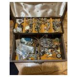 Wooden Jewelry Box with Costume Jewelry Assortment