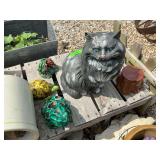 Garden Decor Lot: Cheshire Cat Statue, Planters, Turtle, and More