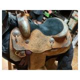 Harris Custom Tooled Western Show Saddle with Saddle Bag