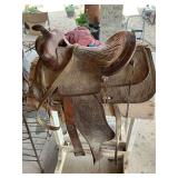 Tooled Leather Western Saddle & Stand