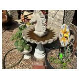 Assorted Garden Decor: Bird Bath, Planter with Saw Blade Flower, and More