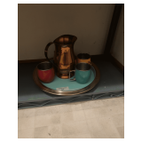 Copper Pitcher Set with Colorful Cups and Tray