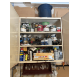 Garage Cabinet with Paint, Light Bulbs, and Miscellaneous Items