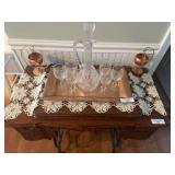 Crystal Decanter, Etched Glasses, Copper Tray and Planters