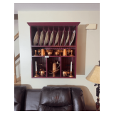 Painted Wooden Plate Rack with Copperware and Decorative Plates
