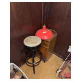 Red Hanging Lamp, Upholstered Barstool and Wood Side Table