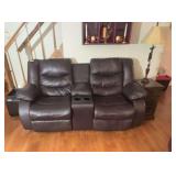 Electric Brown Leather Dual Reclining Loveseat with Console