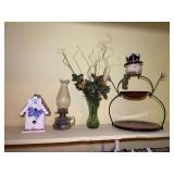 Assorted Decorative Home Items Including Birdhouse, Oil Lamp, Vase, and Snowman Server