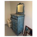 Blue Painted Five-Drawer Chest with Attached Mirror