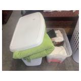 Assorted Linens and Textiles in Plastic Storage Bin