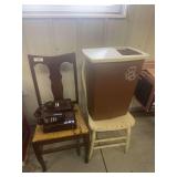 Two chairs, trash can, and Brown Touch-Tone Wall Telephones