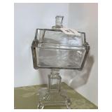 Clear Glass Pedestal Candy Dish with Lid and Etched Floral Motif
