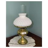Electric Table Lamp with Brass Base and White Glass Shade