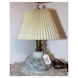 Milk Glass Table Lamp with Floral Motif and Pleated Shade