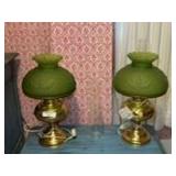Brass Table Lamps with Green Frosted Glass Shades