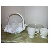 Milk Glass Hobnail Pattern Serving Set with Basket