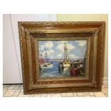 Maritime Harbor Scene Print w/Ornate Wood Frame
