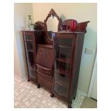 Oak Curio/Secretary Cabinet with Drop-Front Desk and Mirror