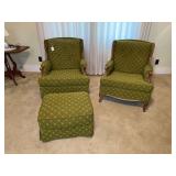 Two Upholstered Armchairs with Matching Ottoman