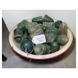 Collection of Glass Electrical Insulators in Enamel Basin
