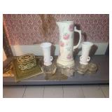 Household Items Including Floral Pitcher, Milk Glass Vases, and Music Book