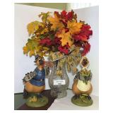 Set of Two Thanksgiving Turkey Figurines with Glass Vase and Floral Arrangement