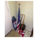 Household Assortment Including Seymour Ironing Set, American Flag, Walking Canes, and Planter