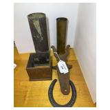 Assorted Metalware Collection Including Boot Jack, Horseshoe, and Brass pipe