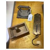 Collection of Household Tools Including Geneva Hand Fluter, Landers Improved Spring Balance, Scale and Wooden Butter Mold