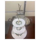 Three-Tiered Holly Pattern Serving Stand and Silver-Plated Serving Tray