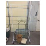 Household Assortment Including Valet Stand, Fan, Basket, and Scale