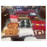 Assorted Household Linens, Blankets, and Storage Containers
