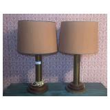 Pair of Cylindrical Metal Table Lamps with Tiered Bases