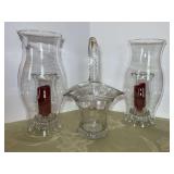 Clear Glass Basket and Pair of Hurricane Candle Holders