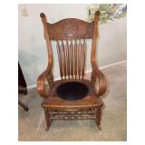 Oak Rocking Chair with Carved Crest and Circular Leather Seat