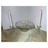 Clear Glass Beaded Rim Serving Bowl and Pair of Candlestick Holders