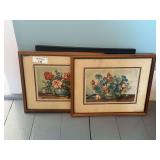 Three Framed Prints Including Floral Still Lifes and Donkey Landscape
