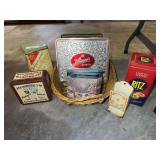 Collection of Assorted Metal Tins and Wall-Mounted Holder