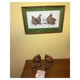 Framed Quail Print and Assorted Ceramic Figurines