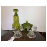 Green Glass Decanter, Covered Dish, and Two Clear Glass Candlestick Holders