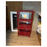 Red Painted Wooden Four-Tier Shelf and Framed Mirror