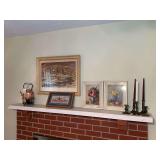 Decorative Home Decor Assortment Including Copper Kettle, Framed Art, and Brass Candlesticks