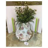 Floral Porcelain Bowl with Gold Accents and Pair of Glass Candlesticks