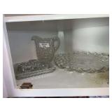 Fostoria American Style Pitcher, Platter, and Small Square Holders