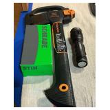 Fiskars hatchet with case and a Nebo 300 lumen flashlight, with a new in the box Schrade ST1 Multipurpose tool