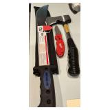 1 Camp ax, 1 Milwaukee folding knife, and 1 Mintcraft Machete with sheath