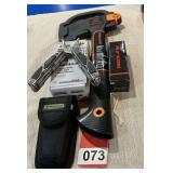 Fiskars hatchet with case and a New Holland multitool with pouch and Redline Nebo 300 lumen flashlight