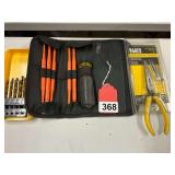 1 new Klein needle nose pliers, new set of Klein insulated screwdrivers with case, and a new set of drills