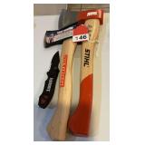 1 Stihl Camp ax, 1 True Temper camp hatchet, and 1 Hart knife all new