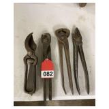 Weed Brand Horseshoe pulling tool 1913, Hoof trimmers, spring loaded trimmers, and a vintage set of UTICA Cyclone fence pliers